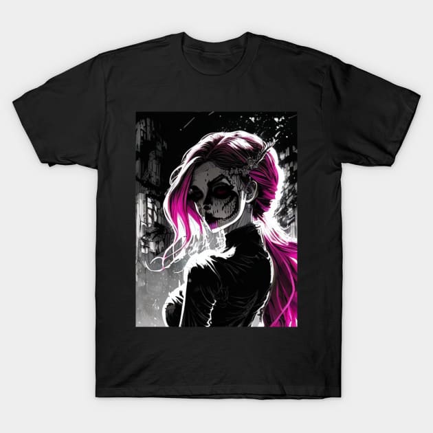 Shades of Mystery: Captivating Black and White Anime Girl Renderings Horror Goth Gothic Dark Pink Hair Fashion T-Shirt by ShyPixels Arts